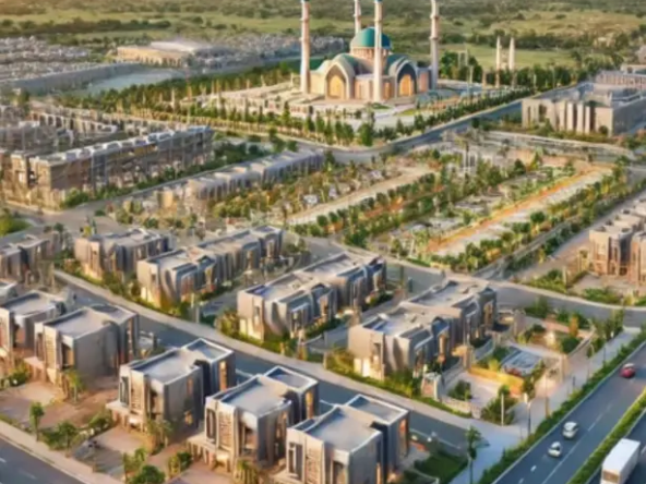 a large building in DHA Lahore with towers and a city landscape