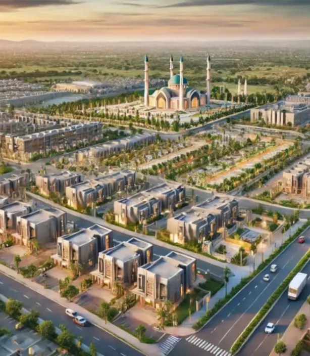 a large building in DHA Lahore with towers and a city landscape