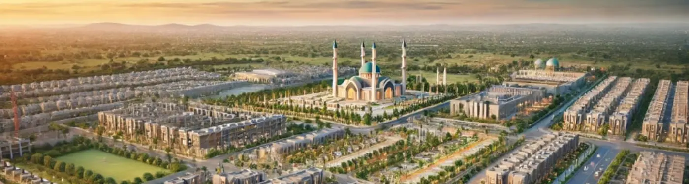 a large building in DHA Lahore with towers and a city landscape